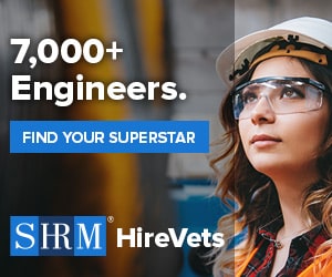 SHRM HireVets software promo showing military veteran engineer promoting hiring veterans