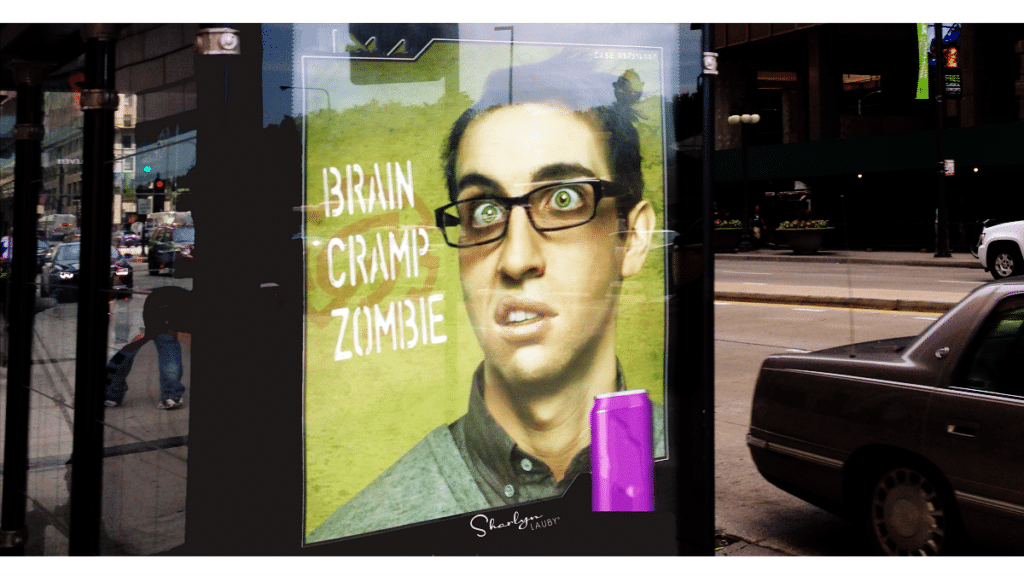 bus stop advertising showing a brain cramp like early artificial intelligence