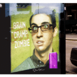 bus stop advertising showing a brain cramp like early artificial intelligence
