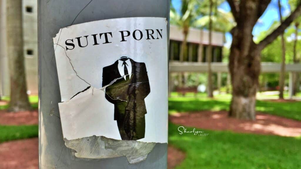 sticker on light pole suit porn against job interview attire